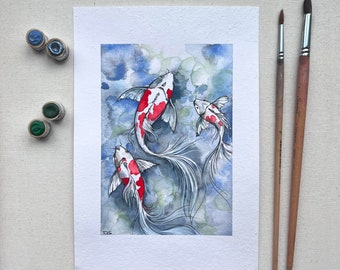 Watercolor Painting Koi Fish in Pond Original Handmade Artwork