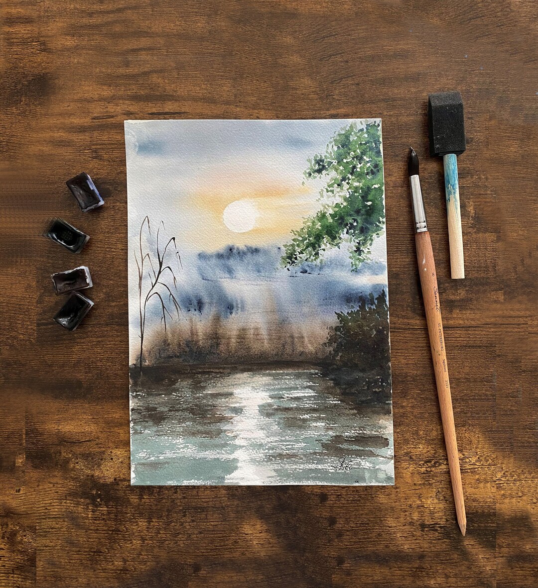 Watercolor Original Painting Misty Sunrise on the Lake - Etsy