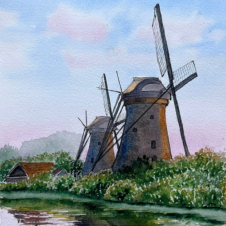 Watercolor Original Dutch Windmills image 2