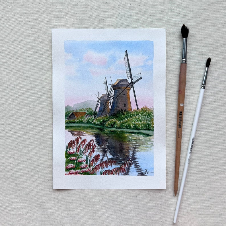 Watercolor Original Dutch Windmills image 1
