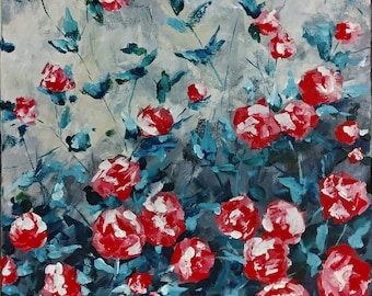 Painting Acrylic on Canvas Red Flowers Wall