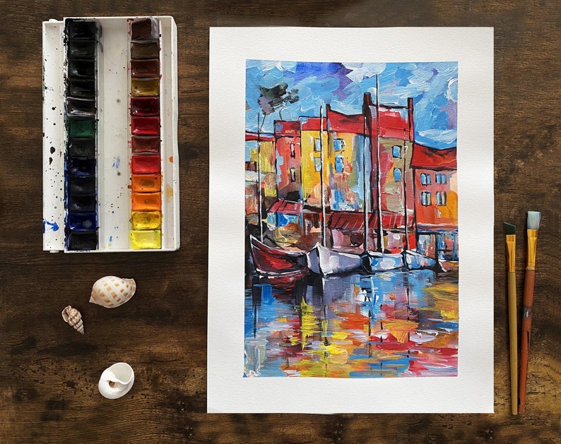 Painting Yachts in Pier Original Artwork 11 x 15 image 1