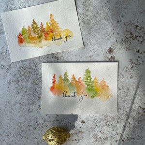 Postal original acuarela/pintada a mano/ bosque/ gracias/ saludos