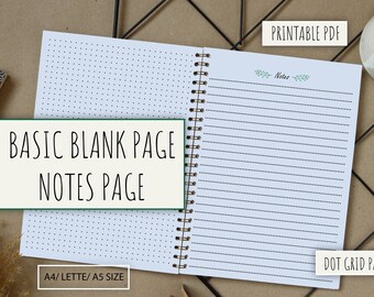Página en blanco con puntos básicos y página de notas, tamaño de letra, A4, A5