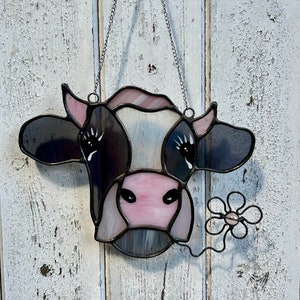 Handmade stained Glass Cow Face, measures approx 14 x 19cm (black/white)