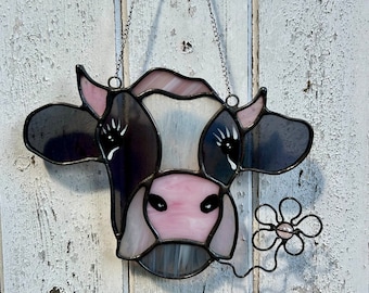Handmade stained Glass Cow Face, measures approx 14 x 19cm (black/white)