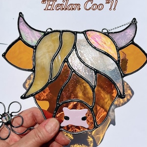 Handmade Highland Cow Stained Glass Suncatcher with Copper Flower