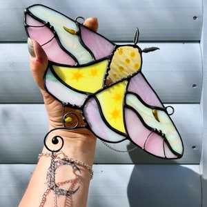 Stained glass handmade to order Rosy Maple Moth.(measures approx 24 x 14cm)