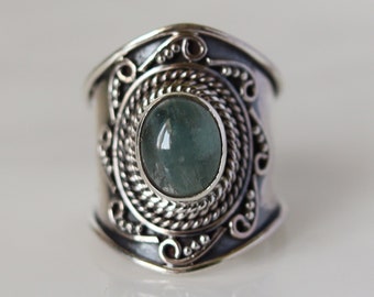 Handmade Aquamarine Ring: Wide Band 925 Sterling Silver, Boho Jewelry