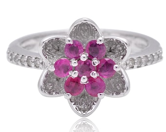 Dainty Ruby Flower Ring: Sterling Silver July Birthstone
