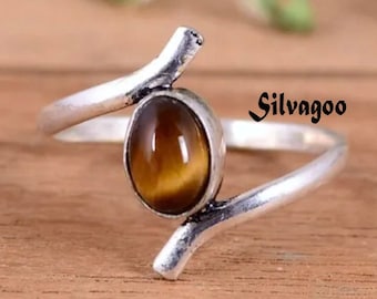 Handmade Tiger's Eye Ring: 925 Sterling Silver Boho Band