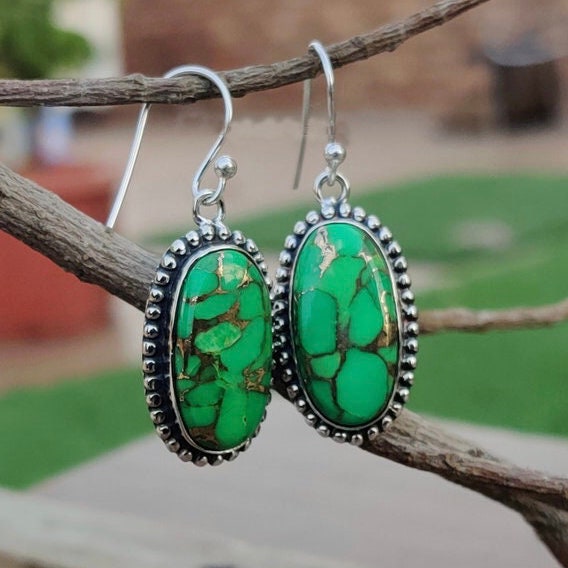 Handmade Green Copper Turquoise Earrings, 925 Sterling Silver