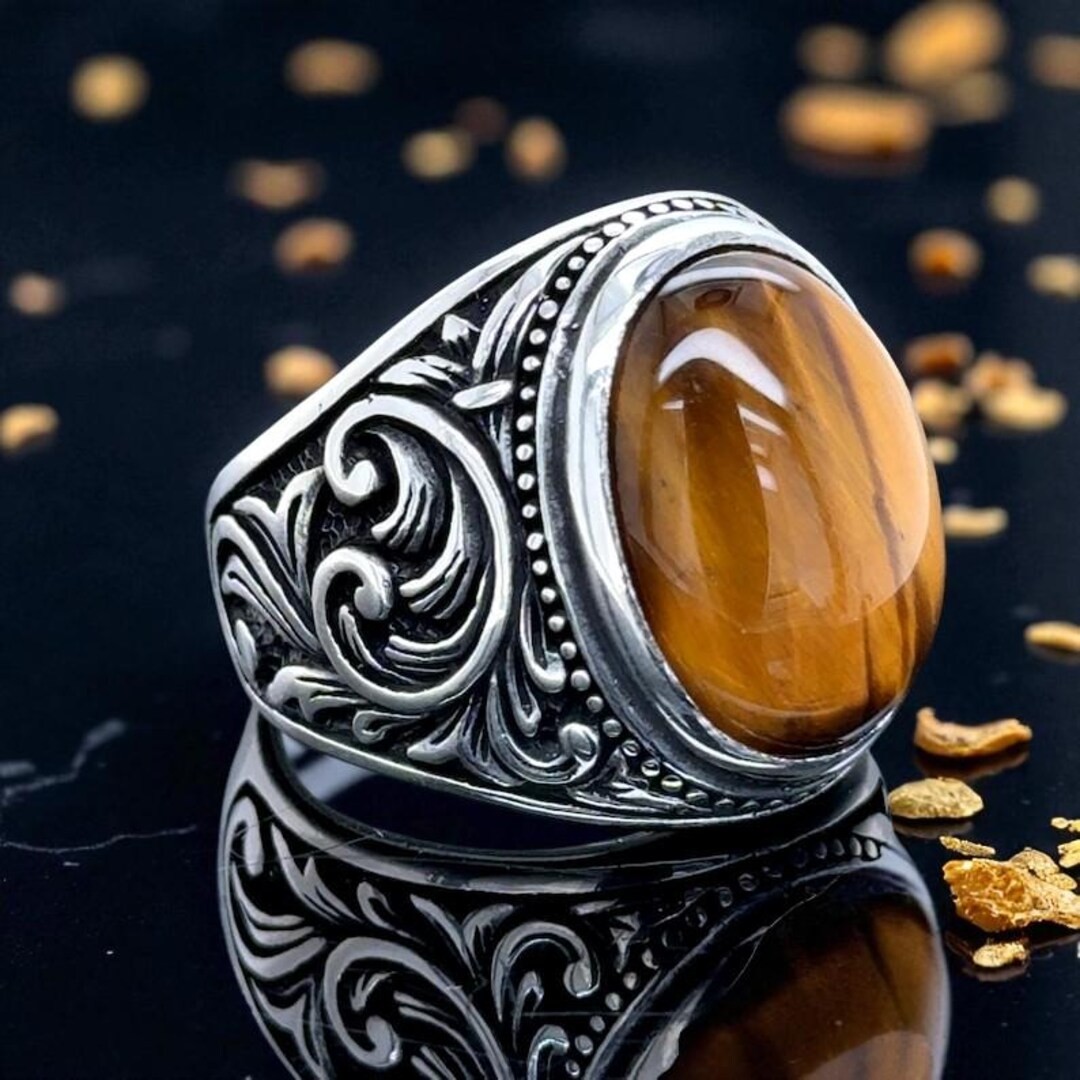 Engraved Tiger Eye Sterling Silver Men's Signet Ring - Etsy
