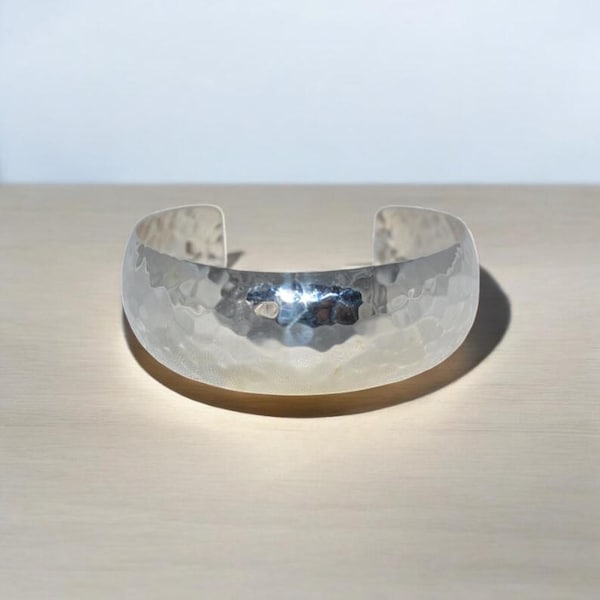 Hammered 925 Sterling Silver Cuff Bangle - Adjustable Wide Bracelet