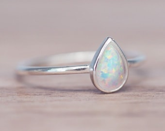 Dainty Sterling Silver Opal Ring: Teardrop CZ Stacking Ring