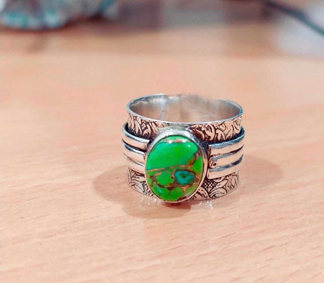 Turnt Silver Rings Handmade Sterling Silver Spinner Ring: Green Copper Turquoise Thumb ...