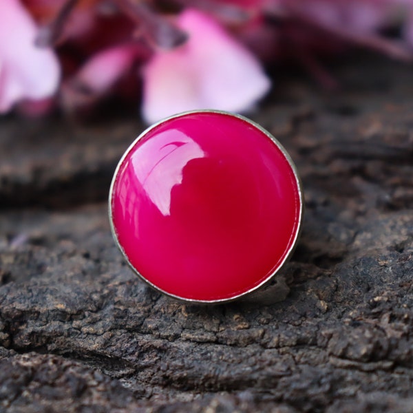 Pink Chalcedony Ring, Round Stone Ring, Single Band Ring, 925 Silver Ring, Natural Pink Chalcedony, Beautiful Pink Stone Ring, Lovely Ring**