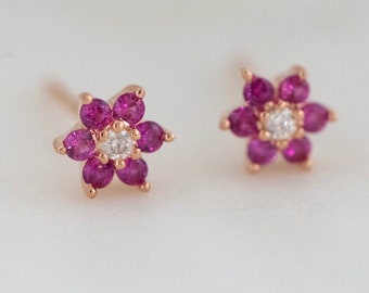 Ruby Flower Stud Earrings: CZ Sterling Silver Dainty Studs