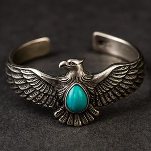 Puede incluir: Brazalete plateado con diseño de águila con alas extendidas. El águila tiene plumas detalladas y una piedra turquesa en forma de lágrima en el centro. El brazalete está sobre un fondo gris oscuro.