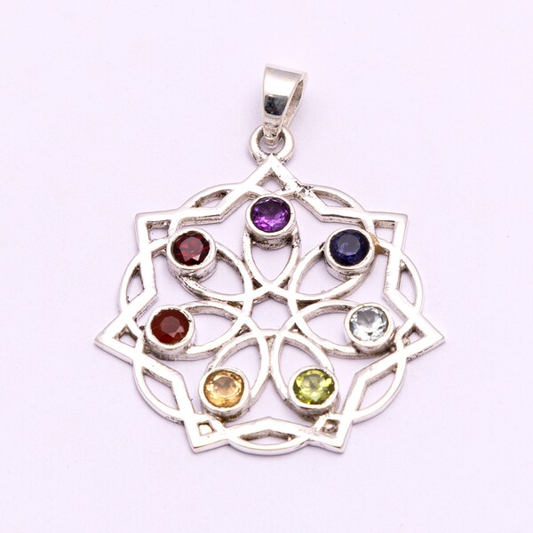 Healing 7 Chakra pendant Handmade Pendant Rainbow Pendant 925 Solid Silver pendant Multi-Gemstone Pendant Yoga Spiritual Jewelry
