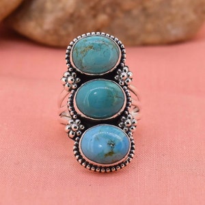 Handmade Three Stone Turquoise Ring: Sterling Silver Tribal Fashion