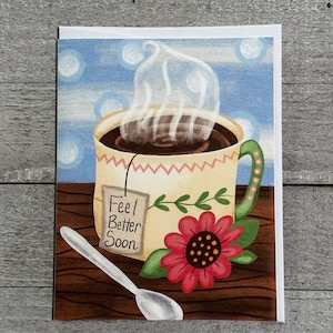 Cartão de felicitações para caneca de chá sinta-se melhor em breve: cartões feitos à mão em branco feitos sob encomenda, perfeitos para sua própria mensagem no interior
