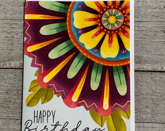 Happy Birthday Folksy Flower Greeting Card : Blank Handmade Greeting Cards Made to Order Perfect for Your Own Message on the Inside
