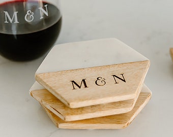 Engagement Gift, Wedding Gift, Housewarming Gift, Set of 4 Marble and Wood Hexagon Coasters, Personalized Coaster Set