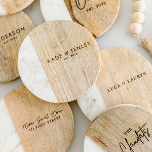 Custom Coasters, Personalized Wedding Gift, Engagement Gift, Housewarming Gift, Realtor Closing Gift, Family Gift,Set/4 Marble Wood Coasters image 9