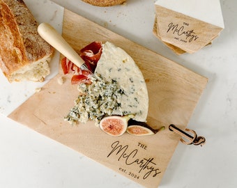 Charcuterie Board Set - Personalized Marble and Wood Cheese Board, Spreader and 4 Coasters