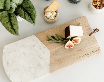 Charcuterie Board Personalized Wedding Gift, Bridal Shower Gift or Housewarming Gift, Custom Cheese Board, Marble and Wood Serving Tray