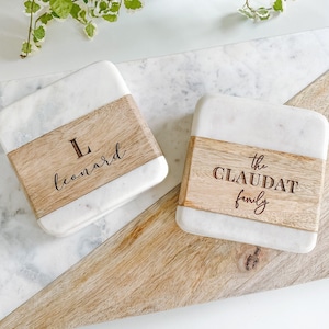 Personalized Marble & Mango Wood Coasters: Laser Engraved Gift