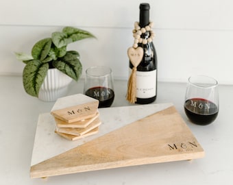 Wedding Gift Engagement Gift for Couple, Housewarming Gift, Charcuterie Cheese Board Set includes Board, Coasters, Glasses and Wine Tag