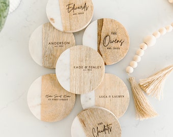 Custom Coasters, Personalized Wedding Gift, Engagement Gift, Housewarming Gift, Realtor Closing Gift, Family Gift,Set/4 Marble Wood Coasters