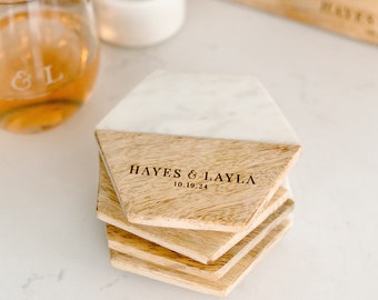 Personalized Coasters, Wedding Gift, Housewarming Gift, Custom Coaster Set, Set of 4 marble and Wood Hexagon Coasters, Engagement gift |