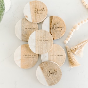 Custom Coasters, Personalized Wedding Gift, Engagement Gift, Housewarming Gift, Realtor Closing Gift, Family Gift,Set/4 Marble Wood Coasters image 1