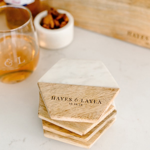 Personalized Coasters, Wedding Gift, Housewarming Gift, Custom Coaster Set, Set of 4 marble and Wood Hexagon Coasters, Engagement gift |