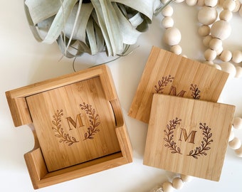 Personalized Coasters, Custom Wood Coasters, Bamboo Coaster Set with Holder, Monogramed Engraved Christmas Gift, Wedding Engagement Gift