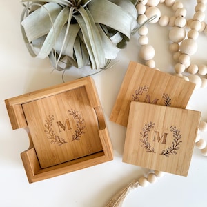 Personalized Coasters, Custom Wood Coasters, Bamboo Coaster Set with Holder, Monogramed Engraved Christmas Gift, Wedding Engagement Gift