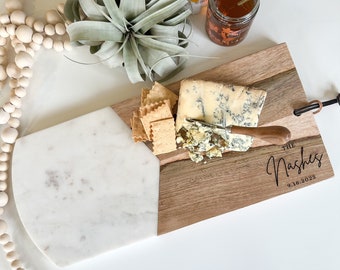 Marble and Wood Cheese Board and Spreader Set, Wedding Gift, Serving Tray, Charcuterie Board, Housewarming Gift, Gift for the Home