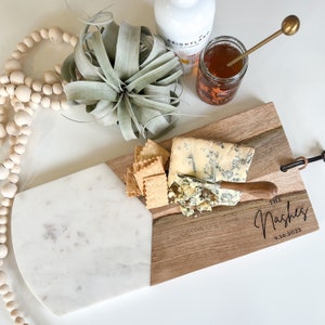 Marble and Wood Cheese Board and Spreader Set, Wedding Gift, Serving Tray, Charcuterie Board, Housewarming Gift, Gift for the Home image 1