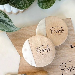 Custom Coasters, Personalized Wedding Gift, Engagement Gift, Housewarming Gift, Realtor Closing Gift, Family Gift,Set/4 Marble Wood Coasters image 4