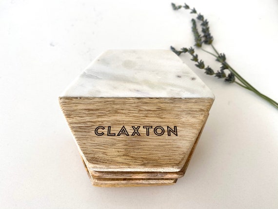 Personalized Coasters | Hexagon Coaster Set | Set of 4 Coasters | Marble & Mango Wood Coasters | Custom Coasters