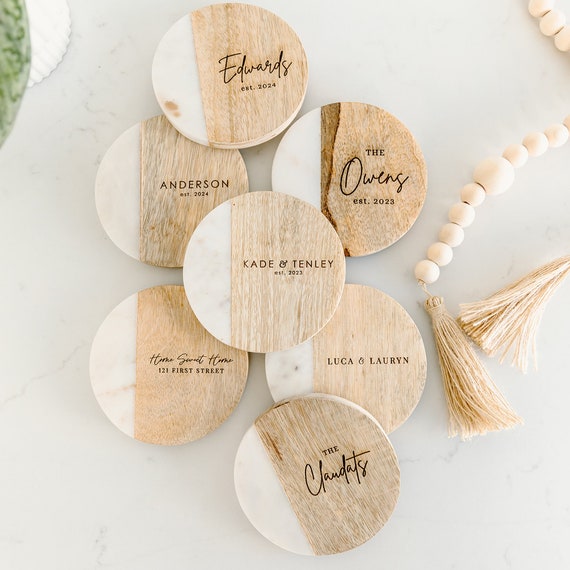 Custom Coasters, Personalized Wedding Gift, Engagement Gift, Housewarming Gift, Realtor Closing Gift, Family Gift,Set/4 Marble Wood Coasters