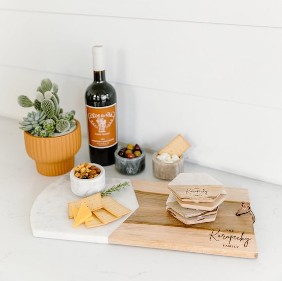Personalized Marble and Wood Cheese Board: Engraved Charcuterie Serving Tray gift for the home