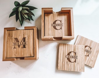 Personalized Coasters |  Bamboo Coaster Set | Set of 4 Coasters with holder | Custom Coasters