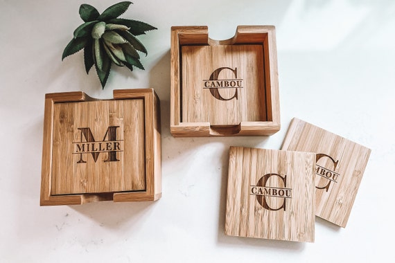 Personalized Coasters | Bamboo Coaster Set | Set of 4 Coasters with holder | Custom Coasters