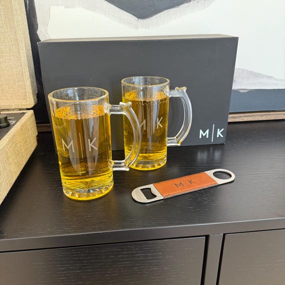 Personalized Beer Glasses Gift Set: 2 Engraved Beer Mugs, Bottle Opener and Custom Box