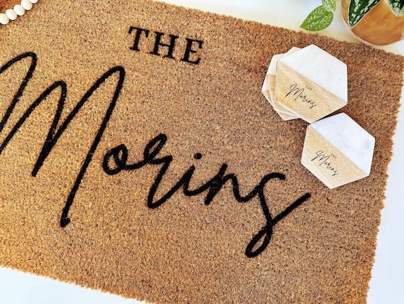 Custom Doormat and personalized Marble and Wood Coasters gift set