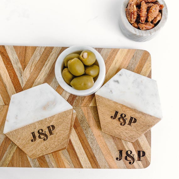 Marble and Wood Hexagon Coaster Set, Engraved Engagement gift, Personalized Wedding Gift, Gift for host, Housewarming Gift, Client Gift
